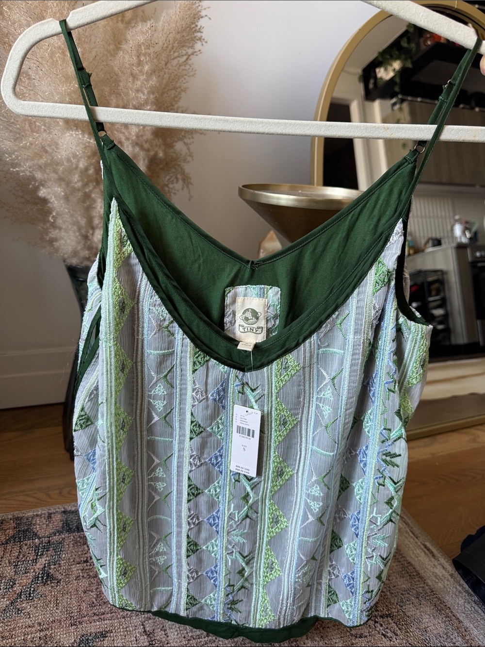 NWT Anthropologie Green Embroidered Strappy Layered Camisole